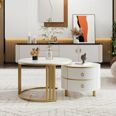 Sweiko Salontafel, 2-in-1 Ronde MDF Salontafel, Bijzettafel met Gglanzend Tafelblad en 1 Wit marmer dessin tafelblad, woonkamer salontafel combinatie met 2 lades, 70x70x46 cm en 50x50x40 cm, Wit