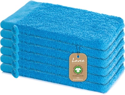 Lavea® 6 Washandjes 16 x 22 cm van 100% biologisch katoenen badstof, zacht en absorberend, voor thuis, hotel en spa – met ophanglus – Lichtblauw