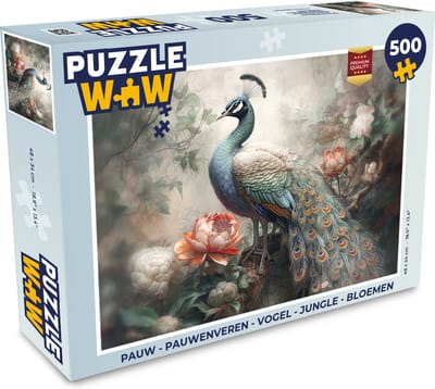 Puzzel Pauw - Pauwenveren - Vogel - Jungle - Bloemen - Legpuzzel - Puzzel 500 stukjes