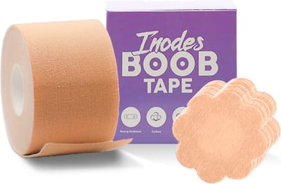 Inodes Boob Tape met 2 Tepelcovers - 5 Meter Boobtape Sandy - Plak BH (5,0 cm breed) - Strapless Plak BH Alternatief - BH accessoires