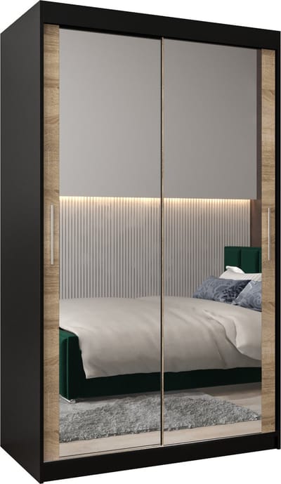 InspireMe - Kledingkast met 2 schuifdeuren, Modern-stijl, Kledingkast met planken (BxHxD): 120x200x62 - TORM III 120 Zwart Mat + Sonoma Eik
