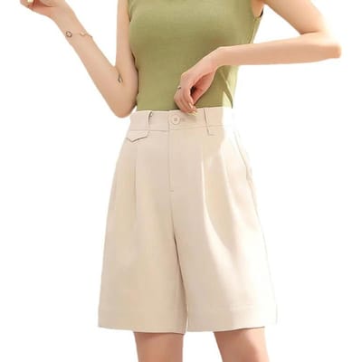 Zomerpak Shorts voor Dames Dunne Losse Rechte Hoge Taille Casual Wijde Pijpen Broeken Vijf-punts Middelgrote Broeken 2XL beige