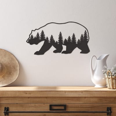 Wanddecoratie Beer Landschap - Muurdecoratie Beer - Muurdecoratie Hout - Wanddecoratie Hout - Muurdecoratie Woonkamer - Wanddecoratie Woonkamer - Wanddecoratie Industrieel - Wanddecoratie Dieren - Home Decor - Wall Line Art - 49 x 25.5 cm