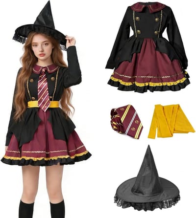 Betoverend Cosplay Kostuum voor Meisjes en Vrouwen, 4-delig Tovernaar Outfit Set met Lolita Jurk, Stropdas en Riem, Perfect voor Feestjes en Evenementen