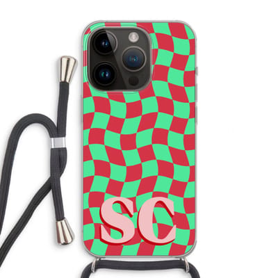 Gepersonaliseerd - Case Company® - Hoesje met koord geschikt voor iPhone 14 Pro hoesje met Koord - Grid Monogram - Telefoonhoesje met Zwart Koord - Extra Bescherming aan alle Kanten en Over de Schermrand