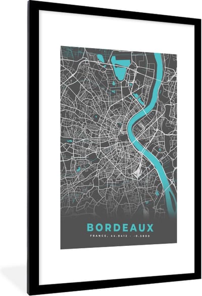 Fotolijst incl. Poster - Frankrijk - Stadskaart - Kaart - Plattegrond - Bordeaux - 60x90 cm - Posterlijst