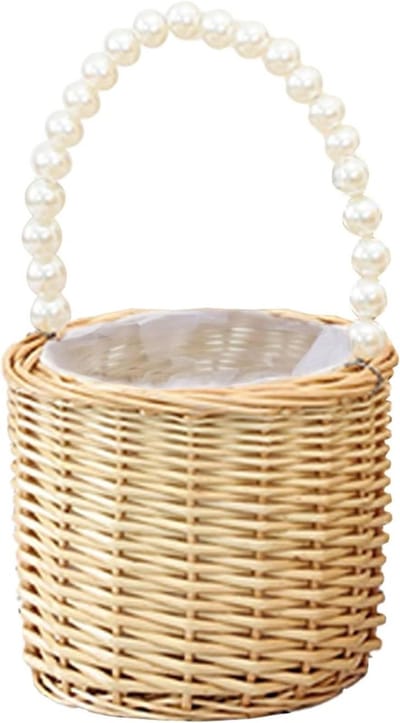 Rieten Bloemenmand - Rotan mand handvat - Bruiloft decoratie - Parel handvatten - 15 cm diameter - Khaki