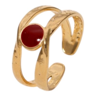 Aramat Jewels | Ringen | Open Ring RVS met Gehamerd Motief en Emaille Cirkel (9,5 mm) | Rood | |10mm | Staal | Volwassenen | Verkleurd niet