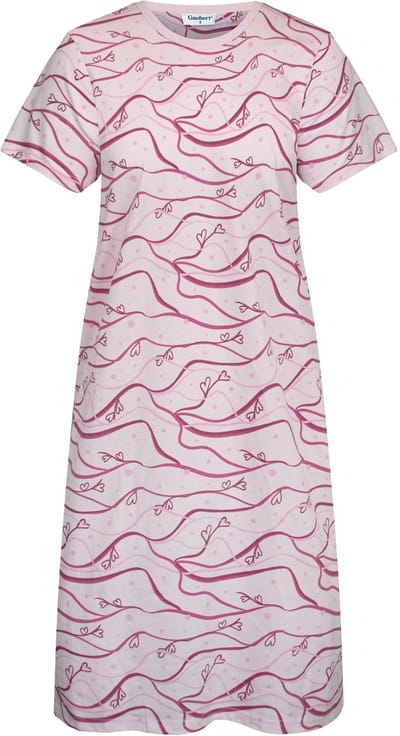 Gaubert Essential Dames Nachthemd Korte Mouw - Premium Gekamd Katoen - Waves of Hearts - Roze - Maat M - GB-6816