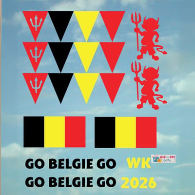 Hip met Pit Creaties Raamstickers - WK 2026 Rode Duivels Vlaggetjes - België Versieren - Vinyl Zwart Geel Rood - Supporteren Allez