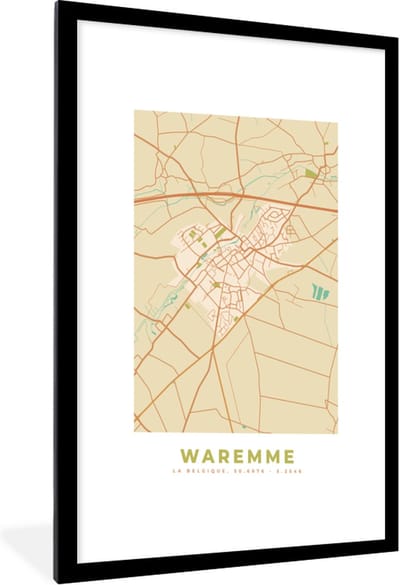 Fotolijst incl. Poster - Kaart - Vintage - Retro - Stadskaart - Waremme - Plattegrond - 60x90 cm - Posterlijst