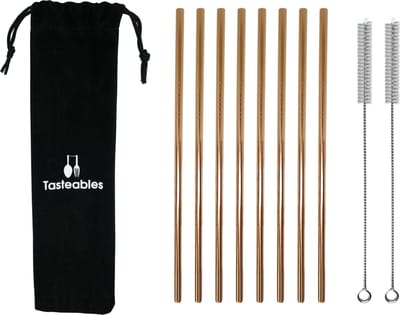 RVS Rietjes Recht - Cocktail Rietjes - Tasteables - Set van 8 - Duurzaam - Herbruikbaar - Reinigingsborstel - 210mm lengte - Rose Goud