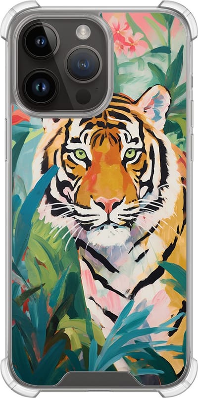 Shockproof hoesje - Geschikt voor iPhone 14 Pro Max - Tijger in de jungle - Extra sterke case - TPU/polycarbonaat - Print / Illustratie - Multi, Transparant