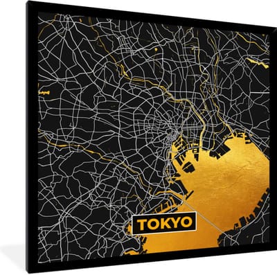 Fotolijst incl. Poster - Tokyo - Stadskaart - Goud - Plattegrond - Kaart - 40x40 cm - Posterlijst