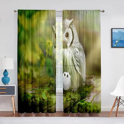 Cartoon Uilen met Bloemen Bladeren Takken Tule Gordijnen voor Woonkamer Slaapkamer Decoratie Chiffon Doorzichtig Vitrage Raambekleding 1 PCS W100XH250cm&Grommet Top