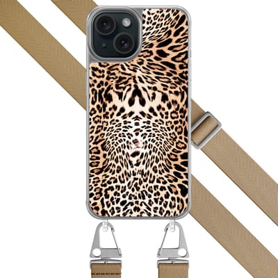 Hoesje met koord - Geschikt voor iPhone 15 - Luipaardprint - Verstelbaar zwart koord - Beige - Tekst - Leuke Telefoonhoesjes