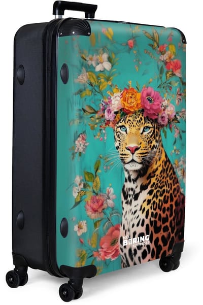 NoBoringSuitcases.com® - Koffer groot - Reiskoffer lichtgewicht - Luipaard met bloemenkroon op turquoise achtergrond - Rolkoffer met 4 wielen - Grote trolley XL - 98 liter bagage