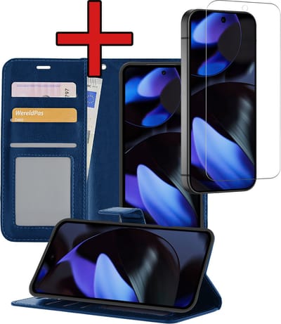 Hoesje - Met Screenprotector - Geschikt voor Google Pixel 9 - Luxe Pasjeshouder - Flipcase - Bookcase Portemonee - Flip Case - Kunstleer Book Case - Book Cover - Walletcase - Portemonneehoes - Telefoonhoes - Donkerblauw