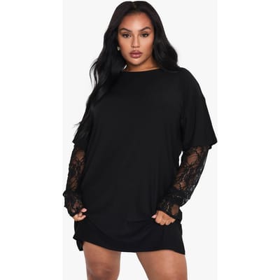 boohoo Dames Plus kanten mouw oversized T-shirt jurk | Zwart | Maat: 44