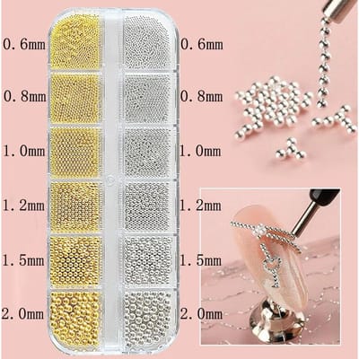 Perles pour Ongles 12 Compartiments Perles Couleur Or Argent 3D Charms Métalliques pour Ongles Tailles Mixtes Boules en Acier Or Argent Décoration Manucure Design Nail Art Fournitures Bricolage