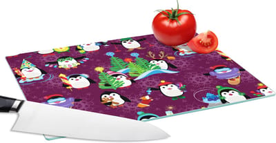 Glazen Snijplank - 28x20 - Pinguïn - Kerstmis - Vuurwerk - Winter - Design - Snijplanken Glas