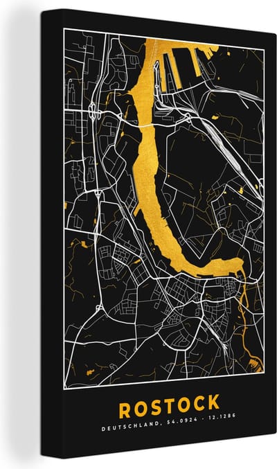 Canvas Schilderij Rostock - Stadskaart - Plattegrond - Goud - Kaart - Duitsland - 20x30 cm - Wanddecoratie