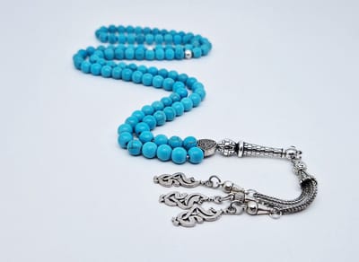 Handgemaakte tesbih "Tasbih" natuursteen "Turkoois" - Aantal kralen 99 - Diameter kralen 8MM - met metaal tassel "Moeder" - Een mooi cadeau-idee