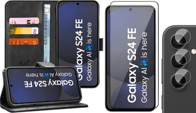 Hoesje geschikt voor Samsung Galaxy S24 FE - Screenprotector Volledig Dekkend Glas & Camera - Portemonnee Book Case Zwart