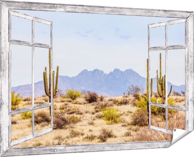 Gards Tuinposter Doorkijk Cactussen in de Woestijn - 180x120 cm - Tuindoek - Tuindecoratie - Wanddecoratie buiten - Tuinschilderij