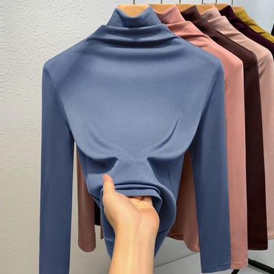 Basisshirt met hoge hals voor dames Nieuw Dames effen kleur eenvoudig T-shirt met lange mouwen Plus fluweel thermisch binnenwaistop 2XL