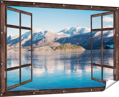 Gards Tuinposter Doorkijk Meer bij het Bergen Landschap in Noorwegen - 180x120 cm - Tuindoek - Tuindecoratie - Wanddecoratie buiten - Tuinschilderij