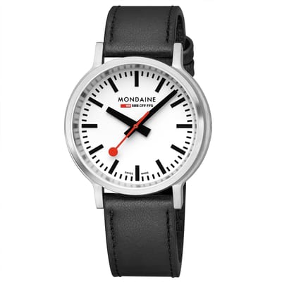 Mondaine MST.4101B.LBV Stop2go Horloge - Stationsklok - Saffierglas - Staal/Kunstleer - Zilver/Zwart - 41 mm breed - Quartz - Gesp - 3 ATM (spatwater)