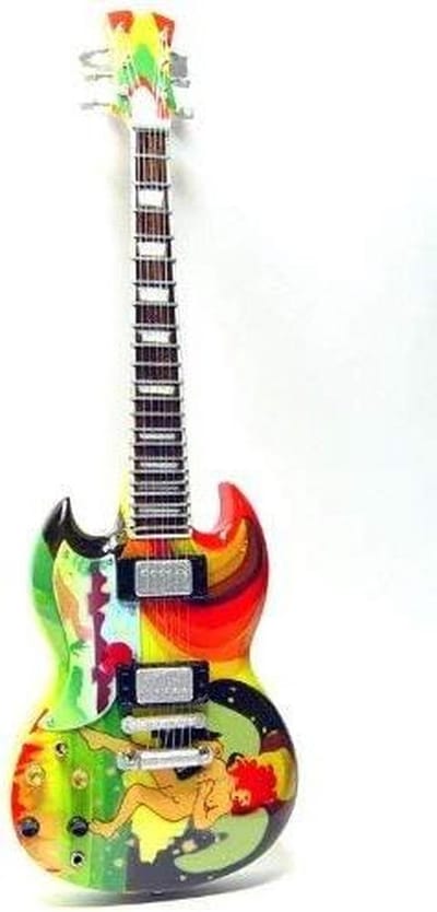 Mini Gitaar Beeldje - Decoratieve Gitaar - Verzamelobject Weergave - Handgeschilderd Design - 25 cm Hoog - Psychedelisch