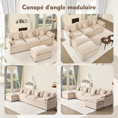 U-vormige modulaire hoekbank 274x145x93 cm – Chenille stof, slaapbank functie, 5-zits, diepe zit 63,5 cm, lichtbruin – Laura