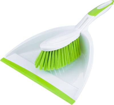 Buemag Stoffer en blik - kunststof - 35 x 25 cm - wit/groen - met rubber rand