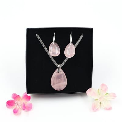 Gemstone set ketting en oorbellen Roze kwarts