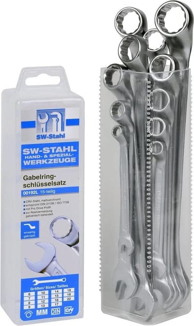 SW-Stahl 00192L Ringsteeksleutelset 6-22 mm gebogen, 15-delig I Steeksleutelset I Ringsleutel I Dubbele sleutel I Ringsteeksleutel I Steeksleutelset I Ringsleutel
