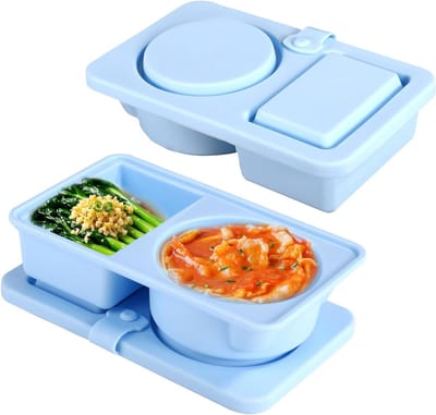 Herbruikbare Snackcontainer met Deksel, 14.5x9x3.5cm, Luchtdicht en Lekvrij, BPA-vrij Siliconen Snackdoos met Twee Compartimenten voor Reizen, Kantoor en Picknick (Lichtblauw)