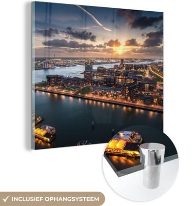 MuchoWow® Glasschilderij 50x50 cm - Schilderij acrylglas - Rotterdam - Water - Licht - Foto op glas - Schilderijen
