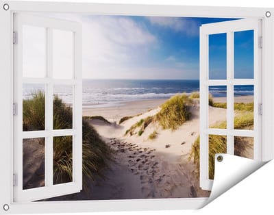Gards Tuinposter Doorkijk Strand en Duinen - 90x60 cm - Tuindoek - Tuindecoratie - Wanddecoratie buiten - Tuinschilderij