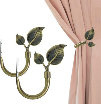 YAGXIG Gordijnhaken - Bladgordijnhaken - Gordijnmuurhaken - Wandmontage - Pack van 2 - Metalen gordijnbeugels - Voor muren, gordijnen Raamdecoratie - Brons