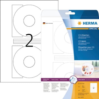 Herma 5079 CD-etiketten Ø 116 mm Papier Wit 50 stuk(s) Permanent hechtend Inkjet, Laser (zwart/wit), Laser (kleur), Kop