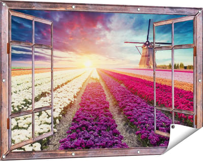 Gards Tuinposter Doorkijk Kleurrijke Tulpen Bloemenveld - Windmolen - 120x80 cm - Tuindoek - Tuindecoratie - Wanddecoratie buiten - Tuinschilderij