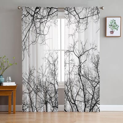 Rideaux Voilages Noirs Blancs Branches pour Décoration de Salon Rideaux de Fenêtre pour Cuisine Rideaux en Tulle Voile Organza W135 x H137cm x1