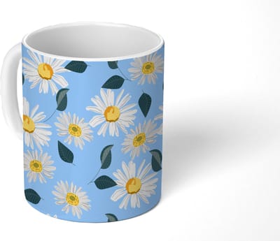 Mok - Koffiemok - Madeliefjes - Blauw - Patroon - Mokken - 350 ML - Beker - Koffiemokken - Theemok