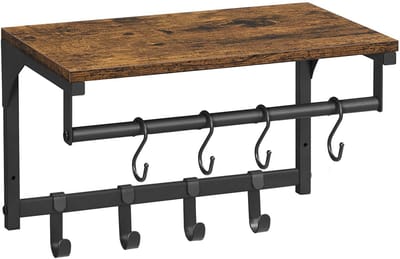 Opbergrek Bruin en Zwart Wandplank Wandgarderobe 40x24x24cm 3-in-1 ontwerp met 8 afneembare haken en kledingstang Geschikt voor hal, slaapkamer en keuken