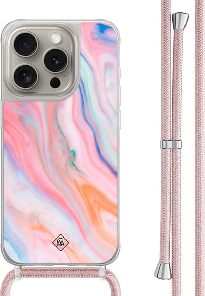 Casimoda® hoesje met rosegoud koord - Geschikt voor iPhone 15 Pro - Pink Glam - Afneembaar koord - TPU/polycarbonaat - Roze