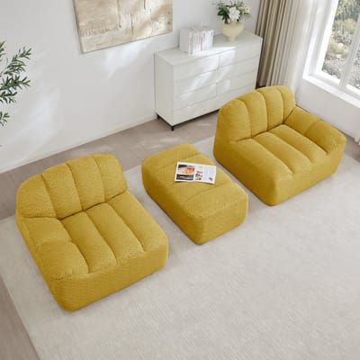2-Zits Modulaire Hoekbank Met Poef - Teddy Stoffen Lounge Sofa Geel - L-Vorm