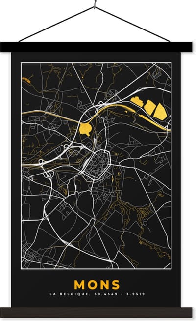 Posterhanger incl. Poster 40x60 cm - Schoolplaat - Mons - Black & gold - Stadskaart - Plattegrond - Kaart - Textielposter - Zwarte latten - Stadskaart