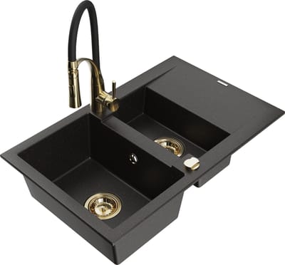Mexen Gaspar granieten spoelbak 1,5-komor met afdruiprek en keukenmengkraan Aster, zwart/goud metallic - 6507-75-73450-57-G